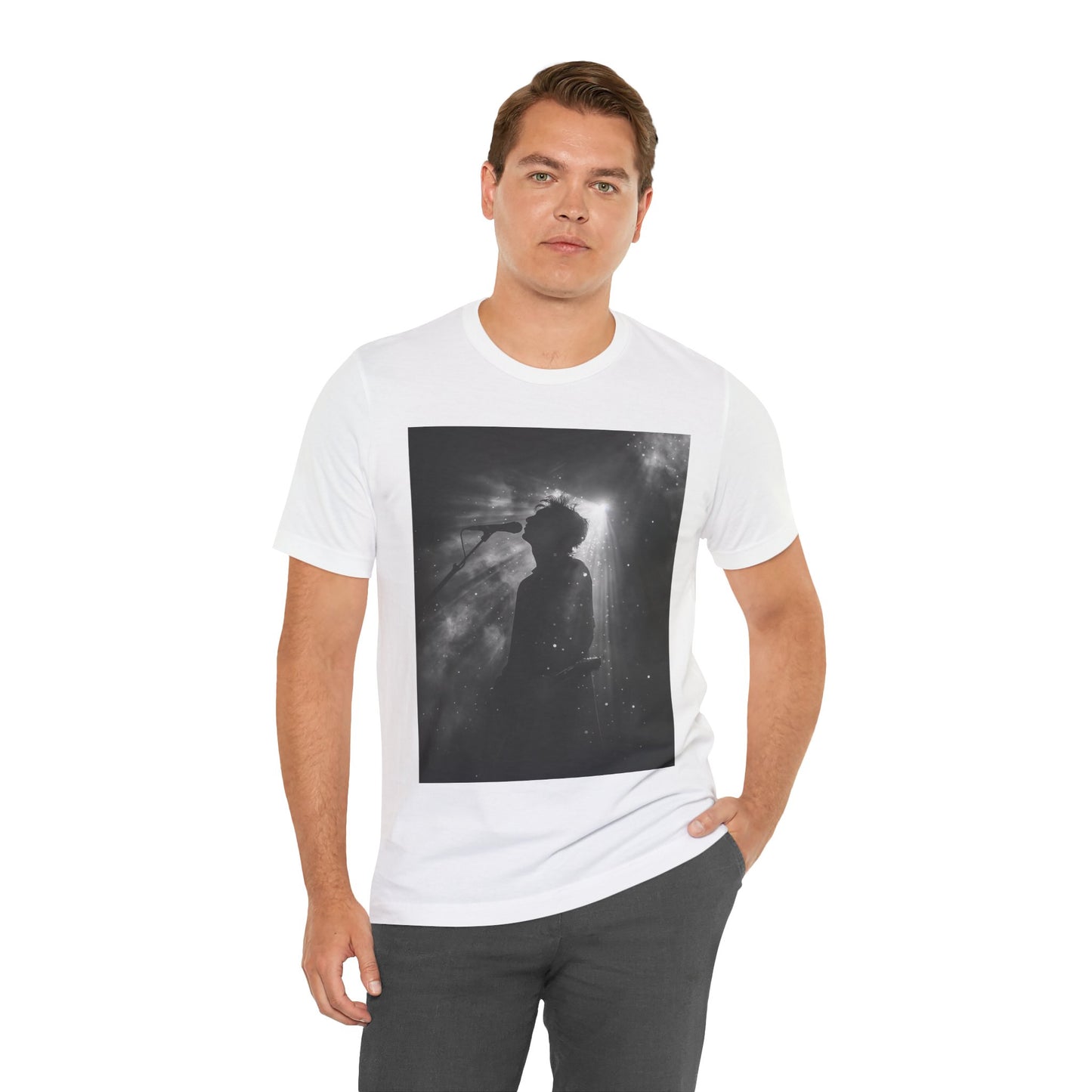 CINTERTIDE Black-and-White Concert Silhouette T-Shirt – Musician in Dramatic Stage Lighting with Ethereal Mist – High-Quality Cotton Tee