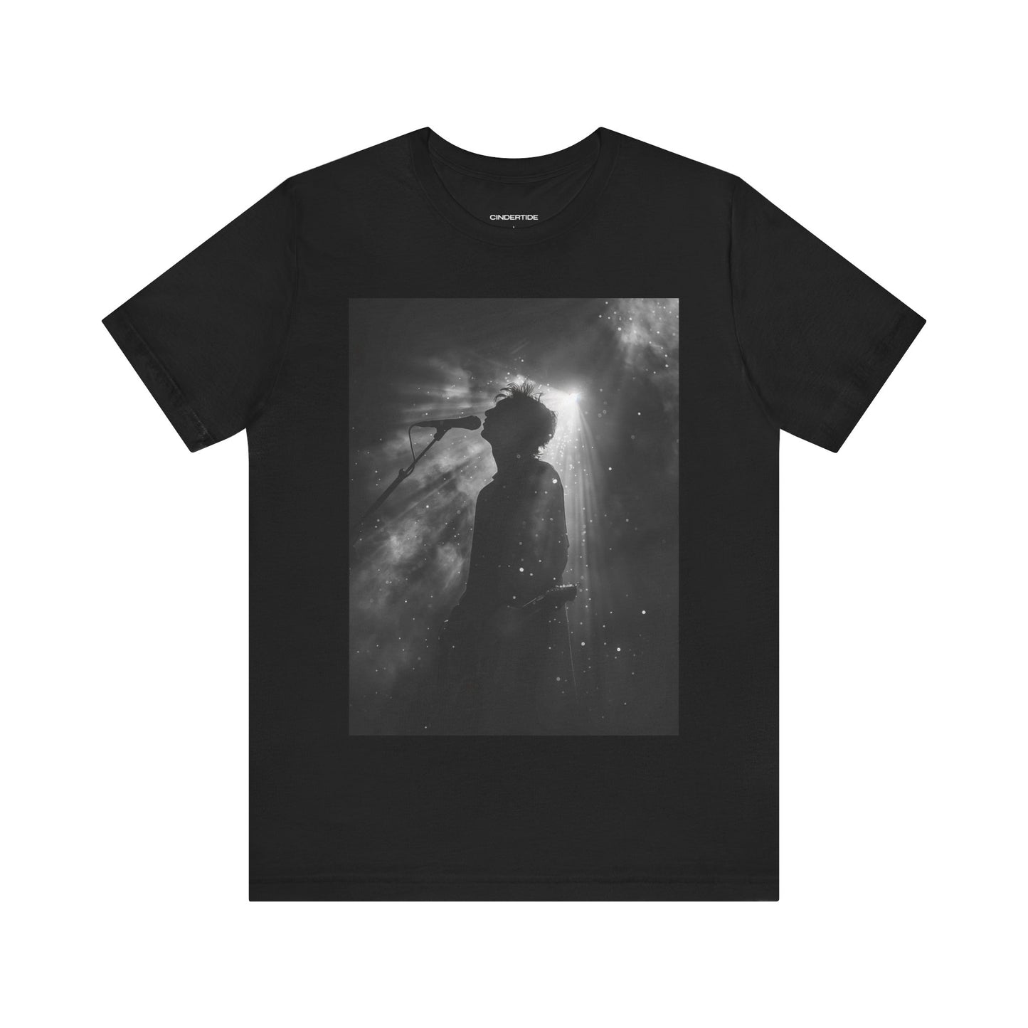 CINTERTIDE Black-and-White Concert Silhouette T-Shirt – Musician in Dramatic Stage Lighting with Ethereal Mist – High-Quality Cotton Tee