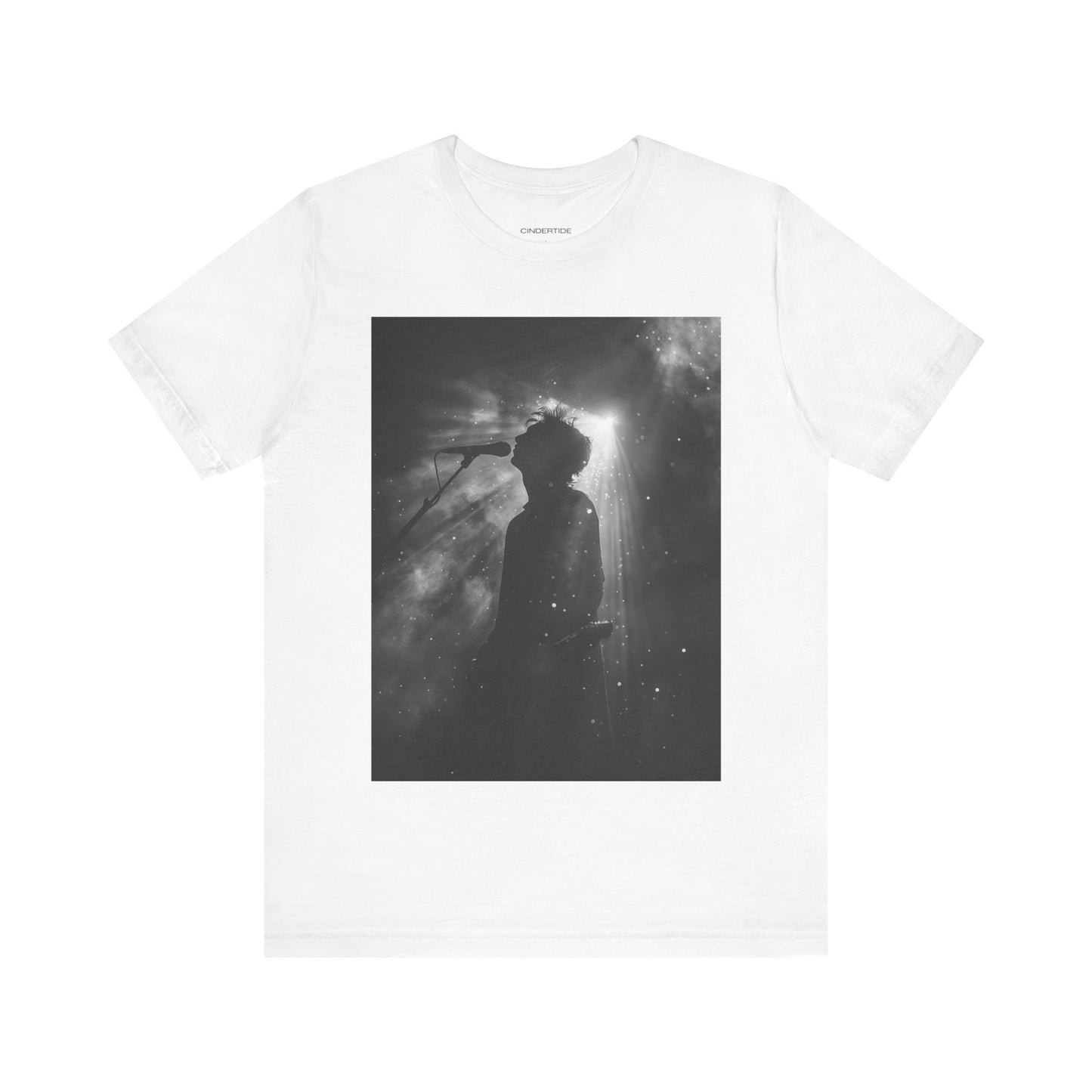 CINTERTIDE Black-and-White Concert Silhouette T-Shirt – Musician in Dramatic Stage Lighting with Ethereal Mist – High-Quality Cotton Tee