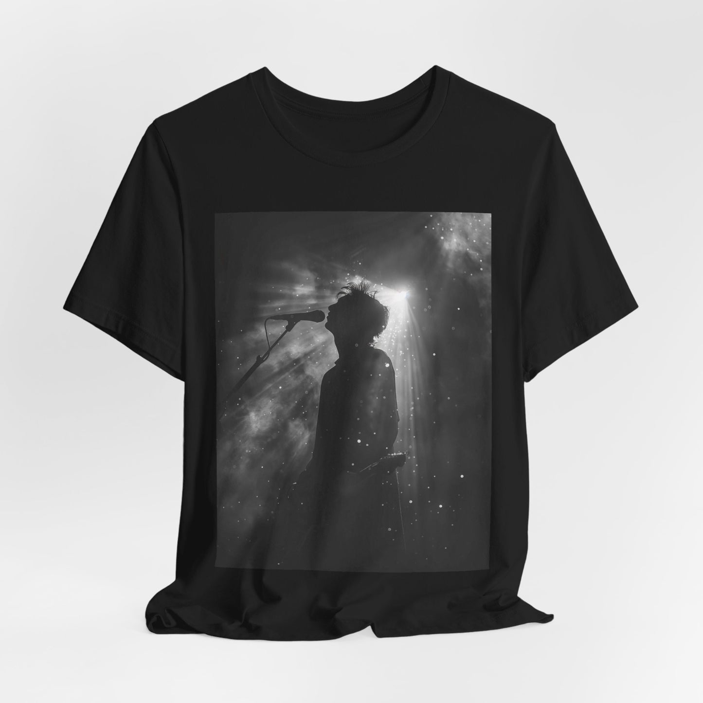 CINTERTIDE Black-and-White Concert Silhouette T-Shirt – Musician in Dramatic Stage Lighting with Ethereal Mist – High-Quality Cotton Tee