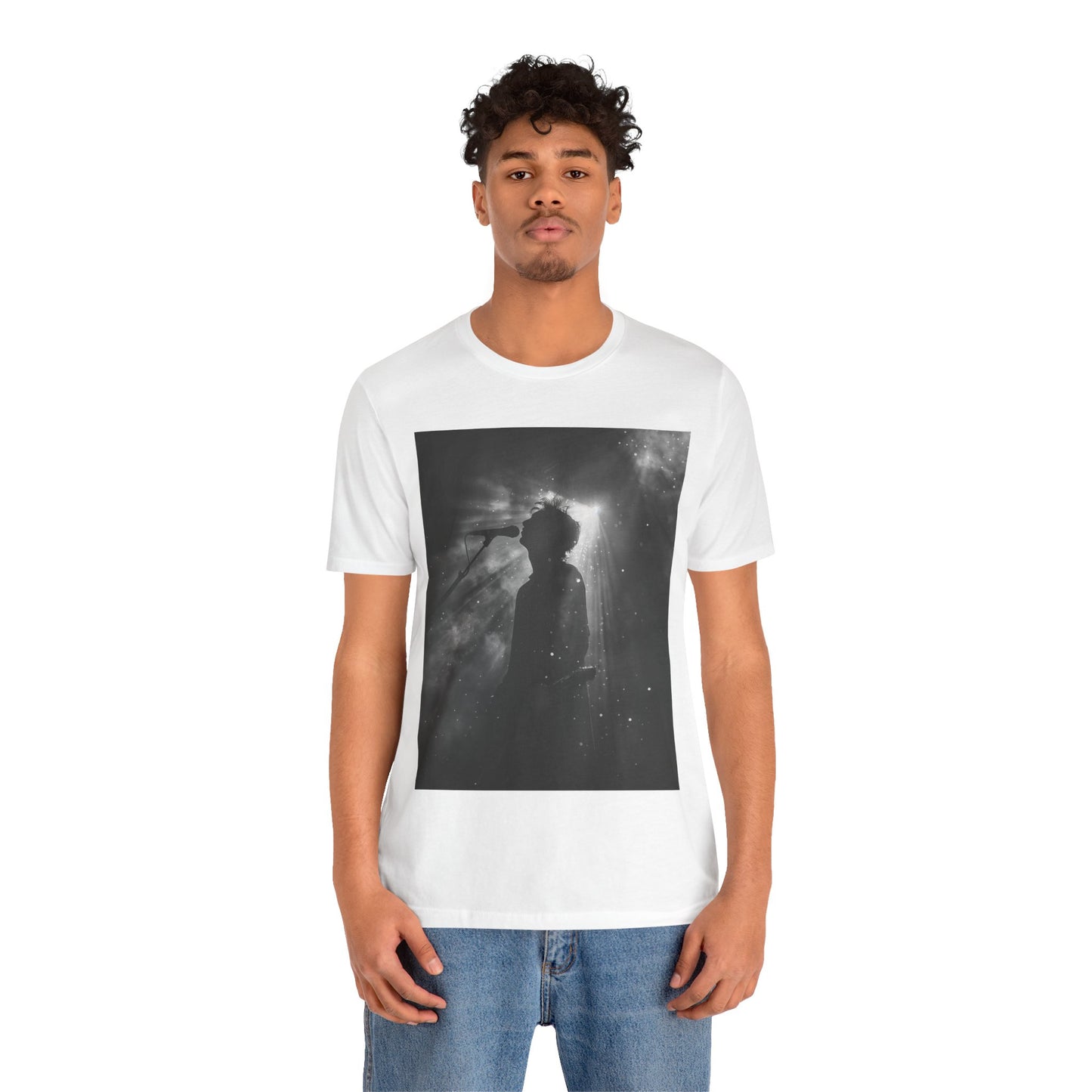 CINTERTIDE Black-and-White Concert Silhouette T-Shirt – Musician in Dramatic Stage Lighting with Ethereal Mist – High-Quality Cotton Tee