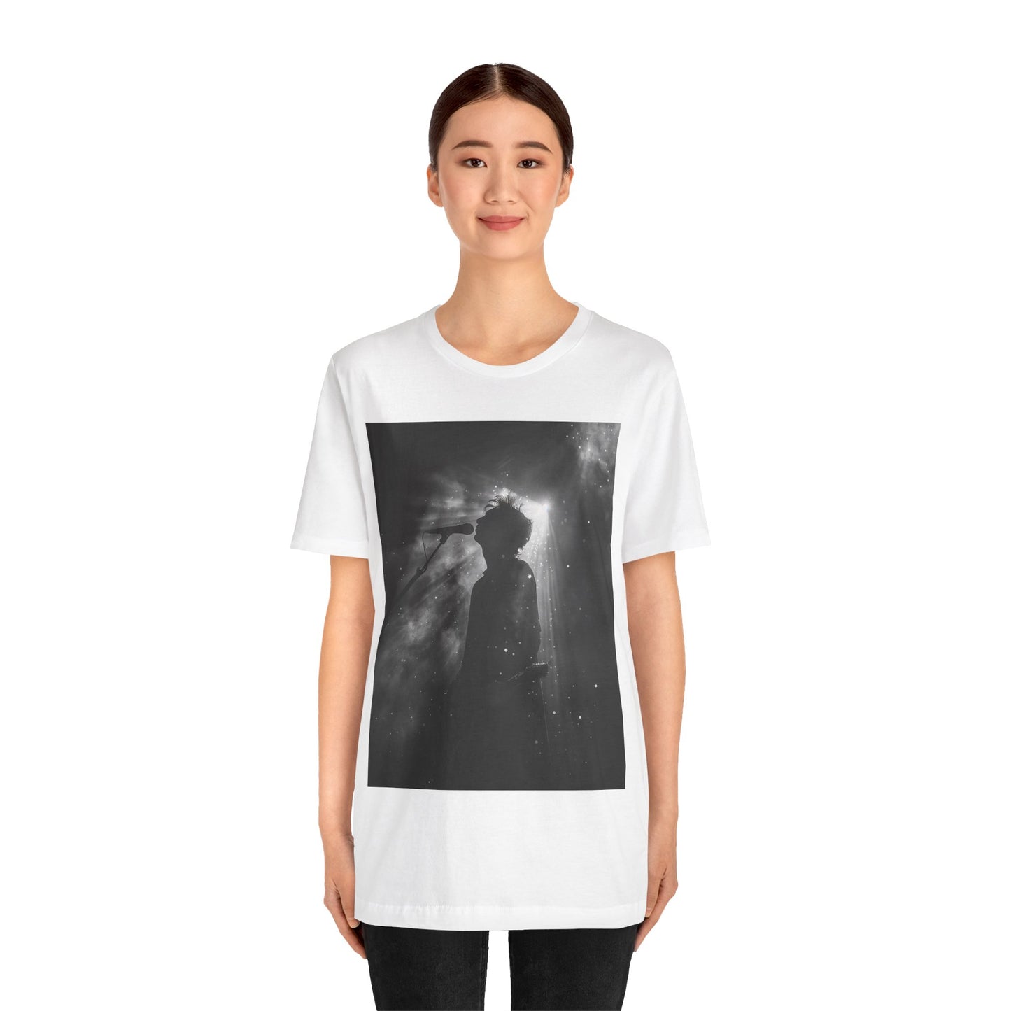 CINTERTIDE Black-and-White Concert Silhouette T-Shirt – Musician in Dramatic Stage Lighting with Ethereal Mist – High-Quality Cotton Tee