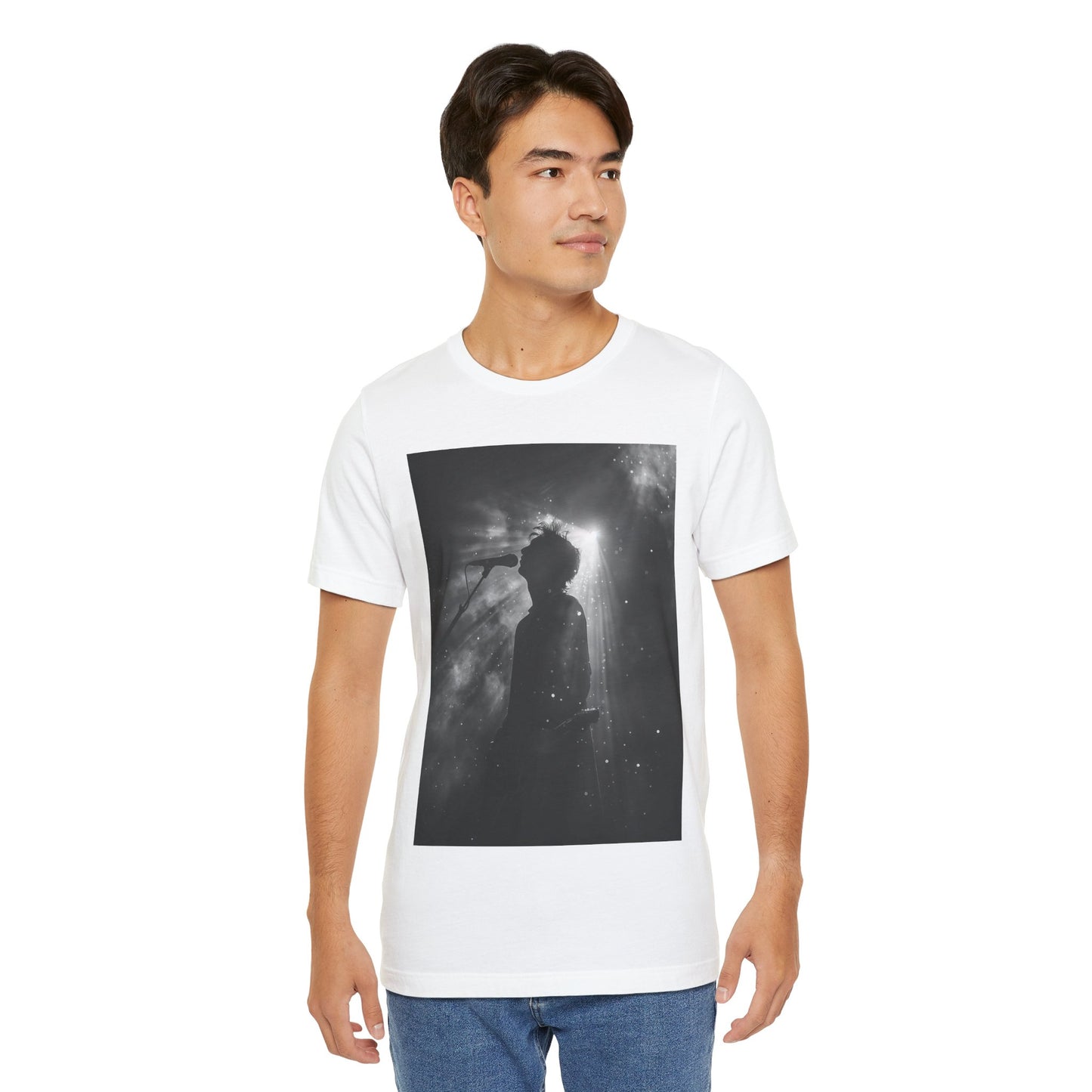 CINTERTIDE Black-and-White Concert Silhouette T-Shirt – Musician in Dramatic Stage Lighting with Ethereal Mist – High-Quality Cotton Tee