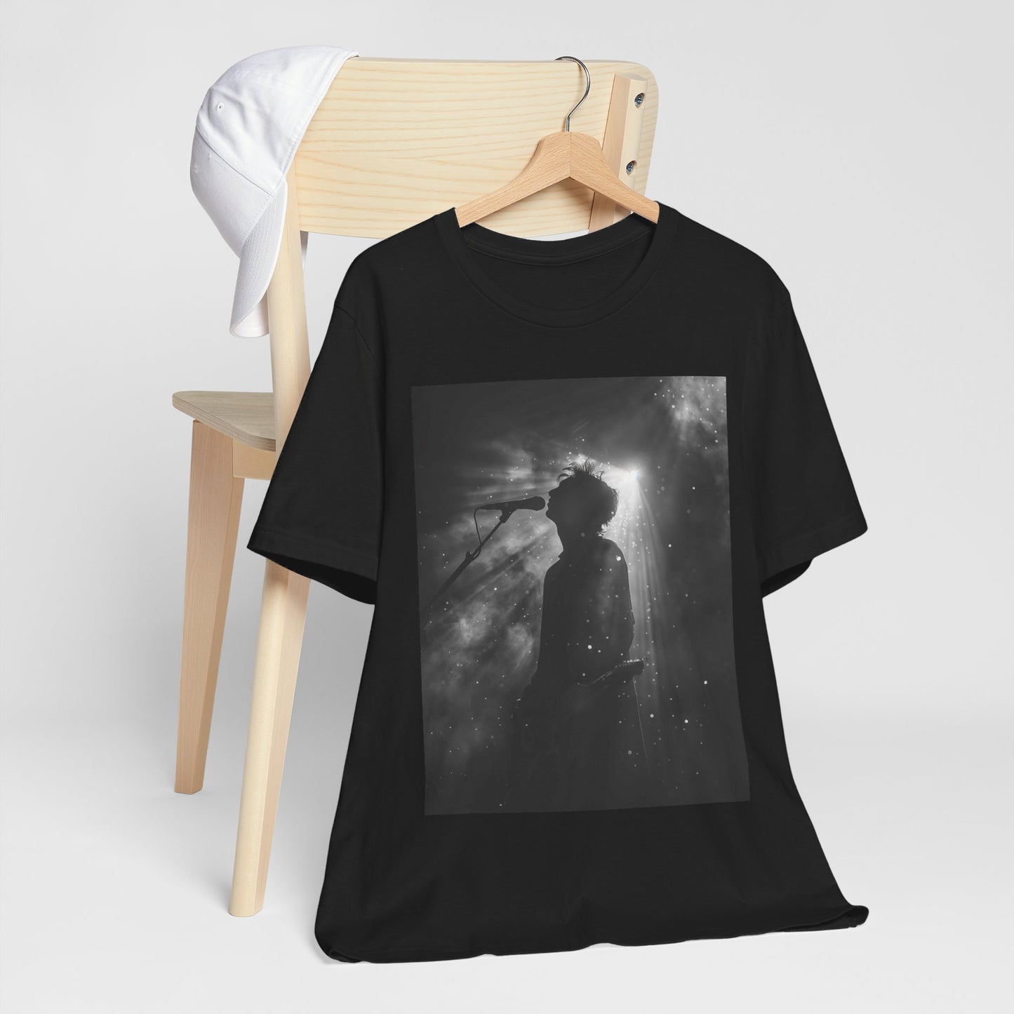 CINTERTIDE Black-and-White Concert Silhouette T-Shirt – Musician in Dramatic Stage Lighting with Ethereal Mist – High-Quality Cotton Tee