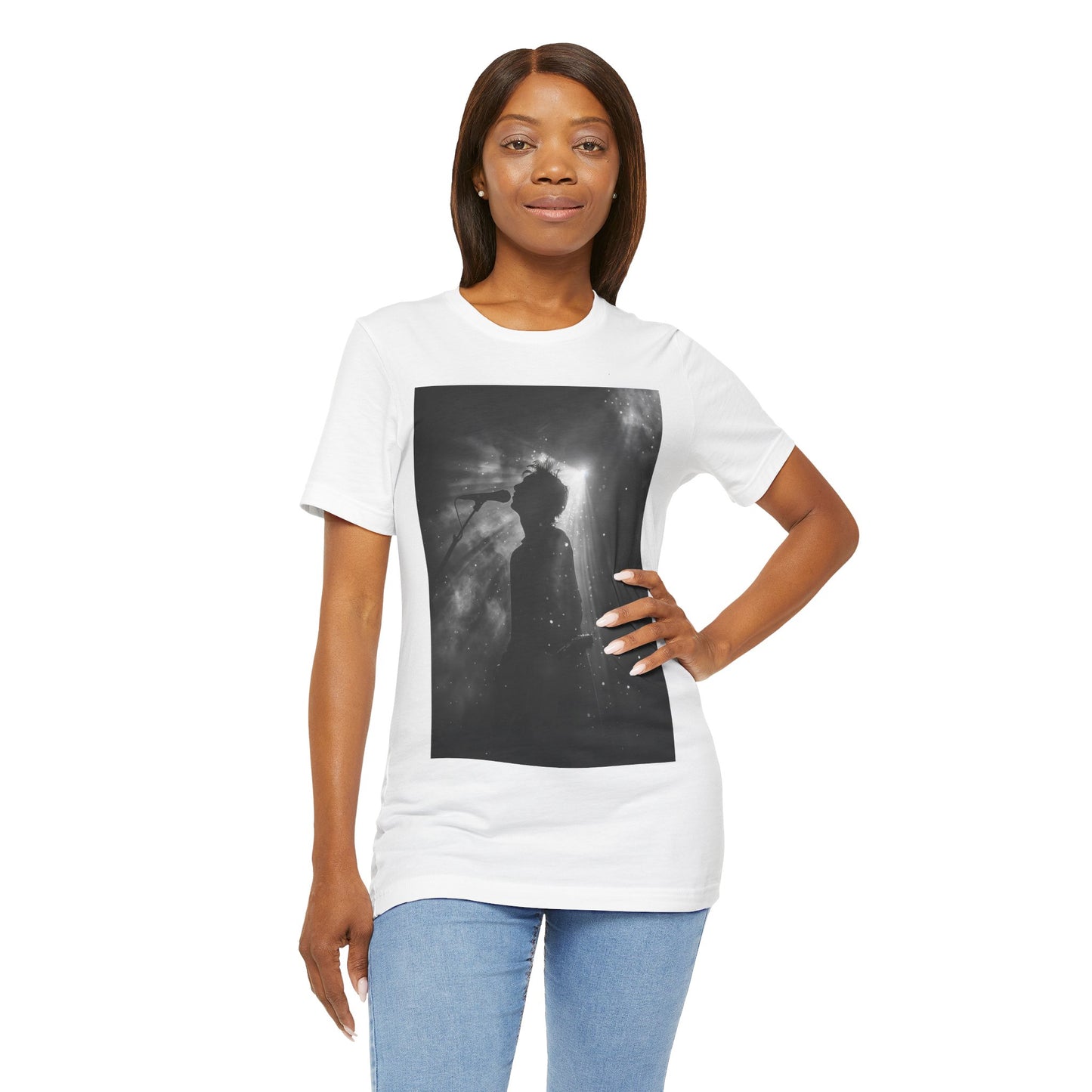 CINTERTIDE Black-and-White Concert Silhouette T-Shirt – Musician in Dramatic Stage Lighting with Ethereal Mist – High-Quality Cotton Tee