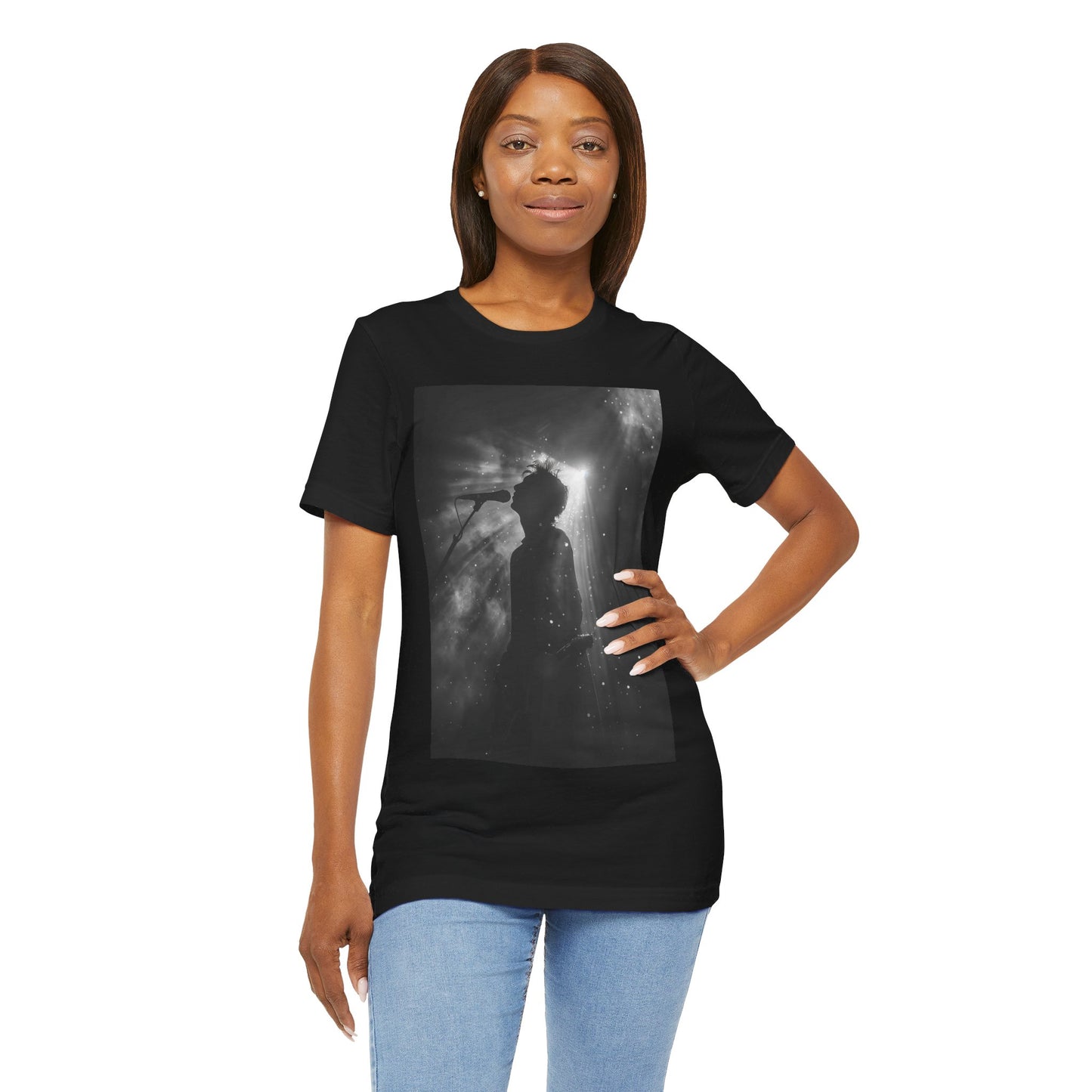 CINTERTIDE Black-and-White Concert Silhouette T-Shirt – Musician in Dramatic Stage Lighting with Ethereal Mist – High-Quality Cotton Tee