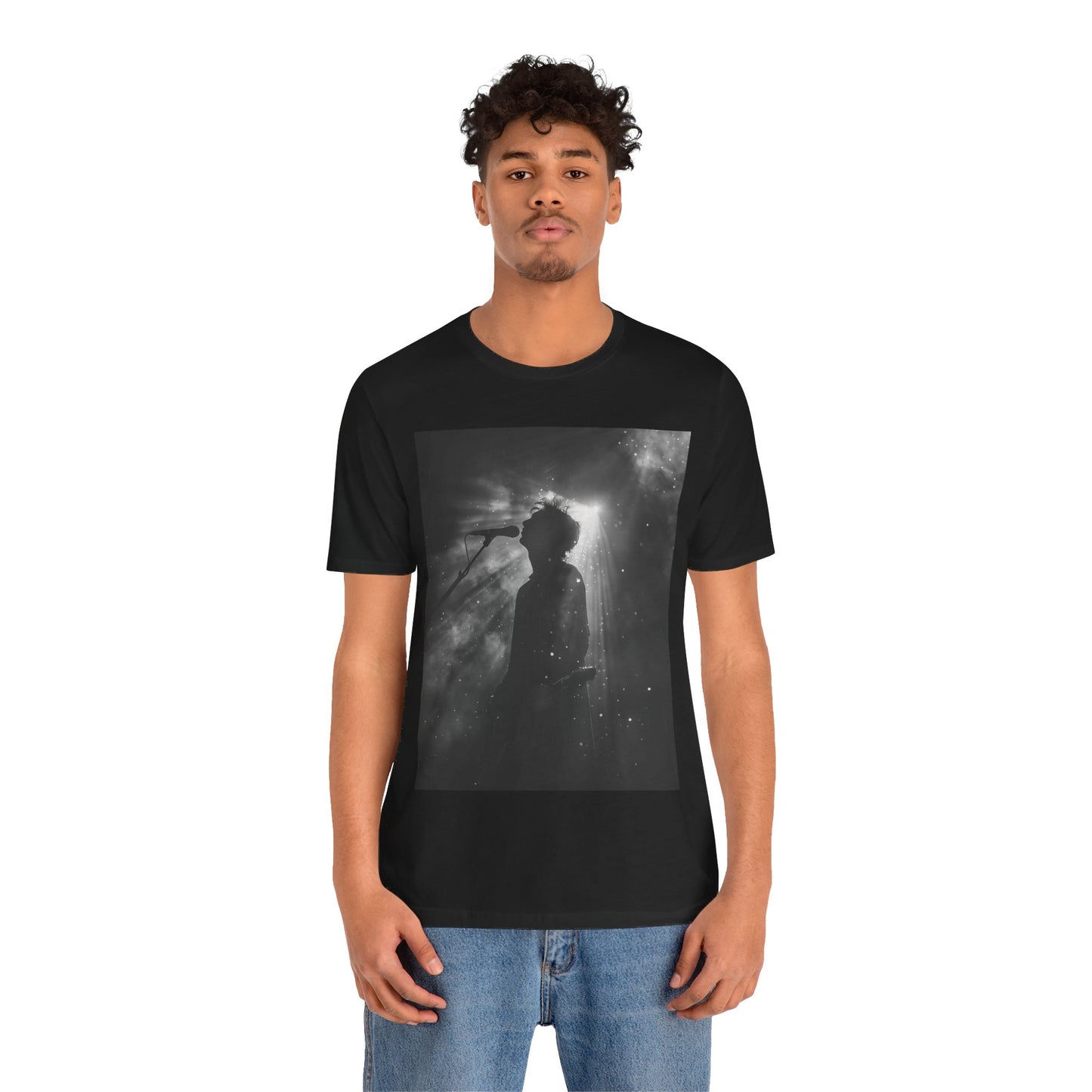 CINTERTIDE Black-and-White Concert Silhouette T-Shirt – Musician in Dramatic Stage Lighting with Ethereal Mist – High-Quality Cotton Tee