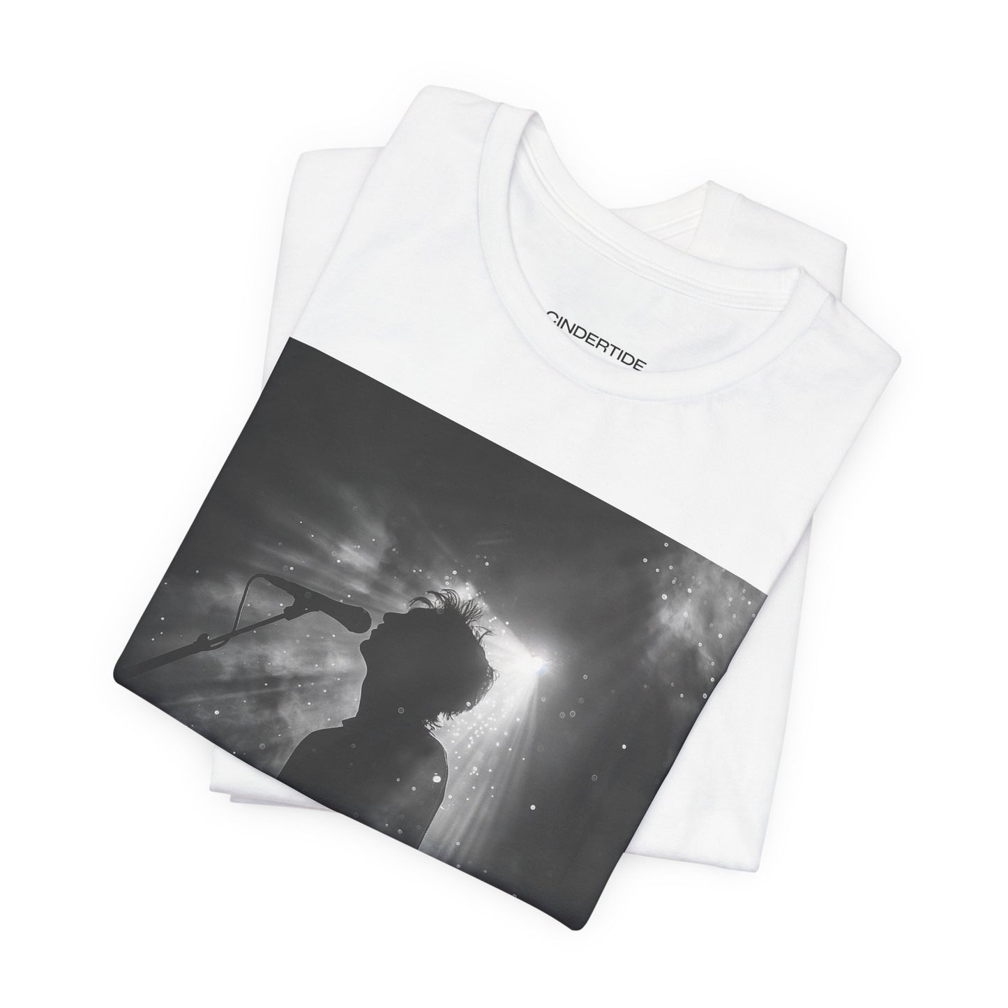 CINTERTIDE Black-and-White Concert Silhouette T-Shirt – Musician in Dramatic Stage Lighting with Ethereal Mist – High-Quality Cotton Tee