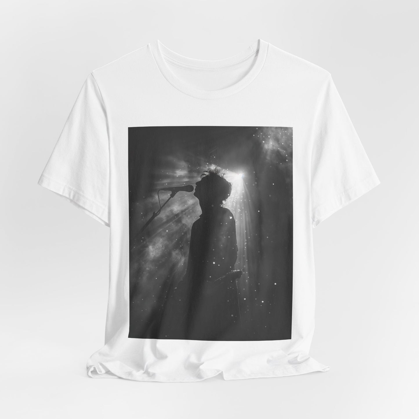 CINTERTIDE Black-and-White Concert Silhouette T-Shirt – Musician in Dramatic Stage Lighting with Ethereal Mist – High-Quality Cotton Tee