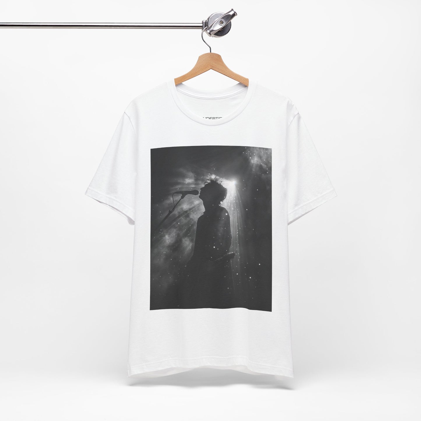 CINTERTIDE Black-and-White Concert Silhouette T-Shirt – Musician in Dramatic Stage Lighting with Ethereal Mist – High-Quality Cotton Tee