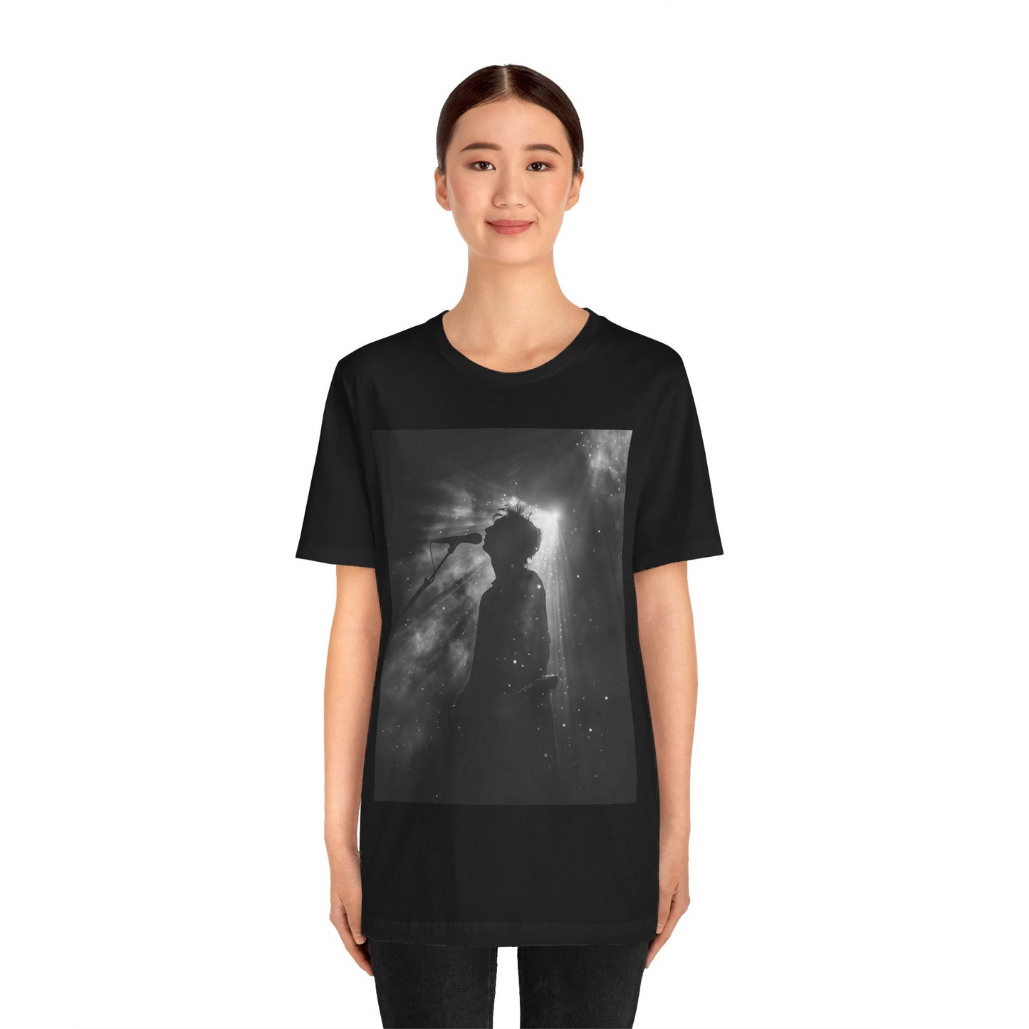 CINTERTIDE Black-and-White Concert Silhouette T-Shirt – Musician in Dramatic Stage Lighting with Ethereal Mist – High-Quality Cotton Tee