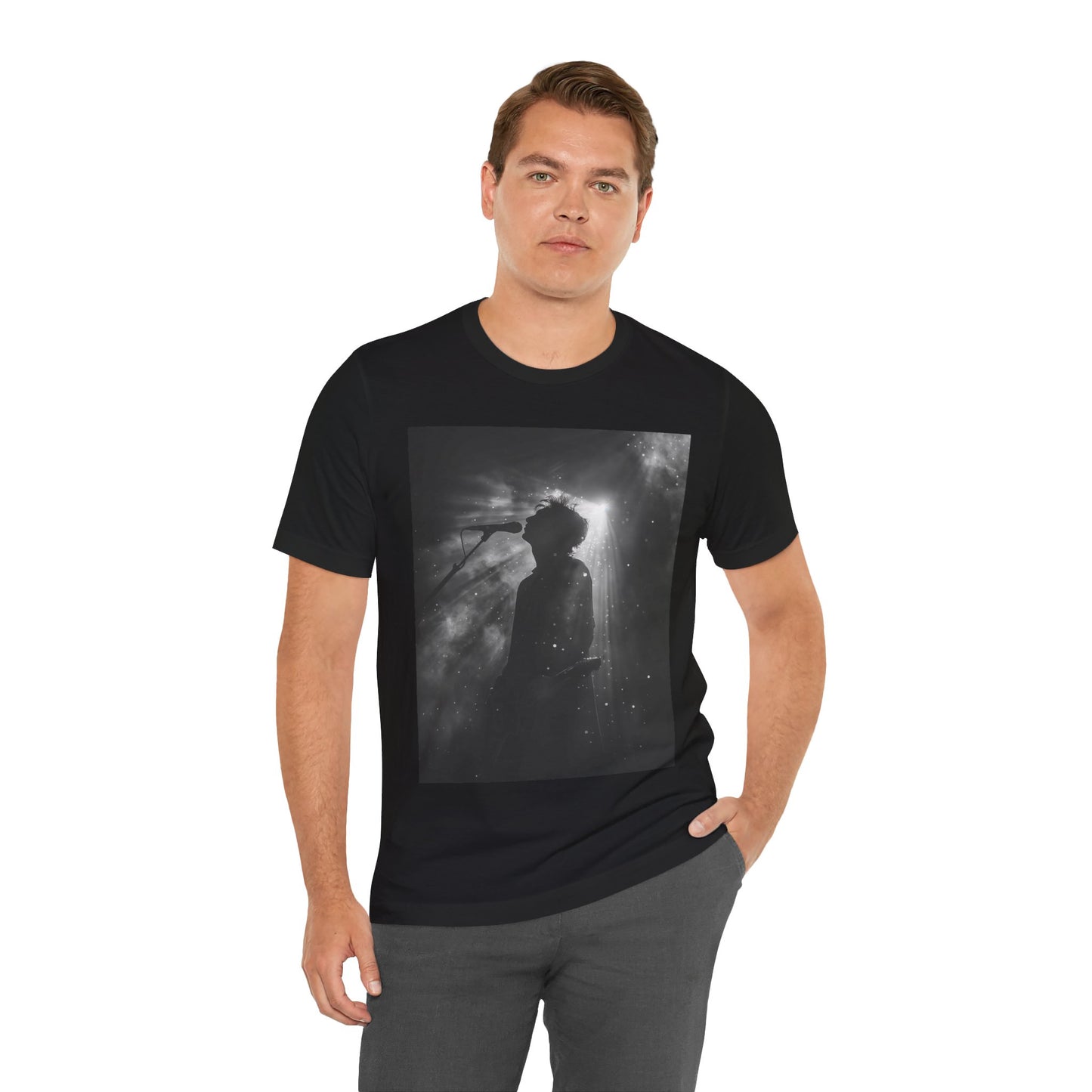 CINTERTIDE Black-and-White Concert Silhouette T-Shirt – Musician in Dramatic Stage Lighting with Ethereal Mist – High-Quality Cotton Tee