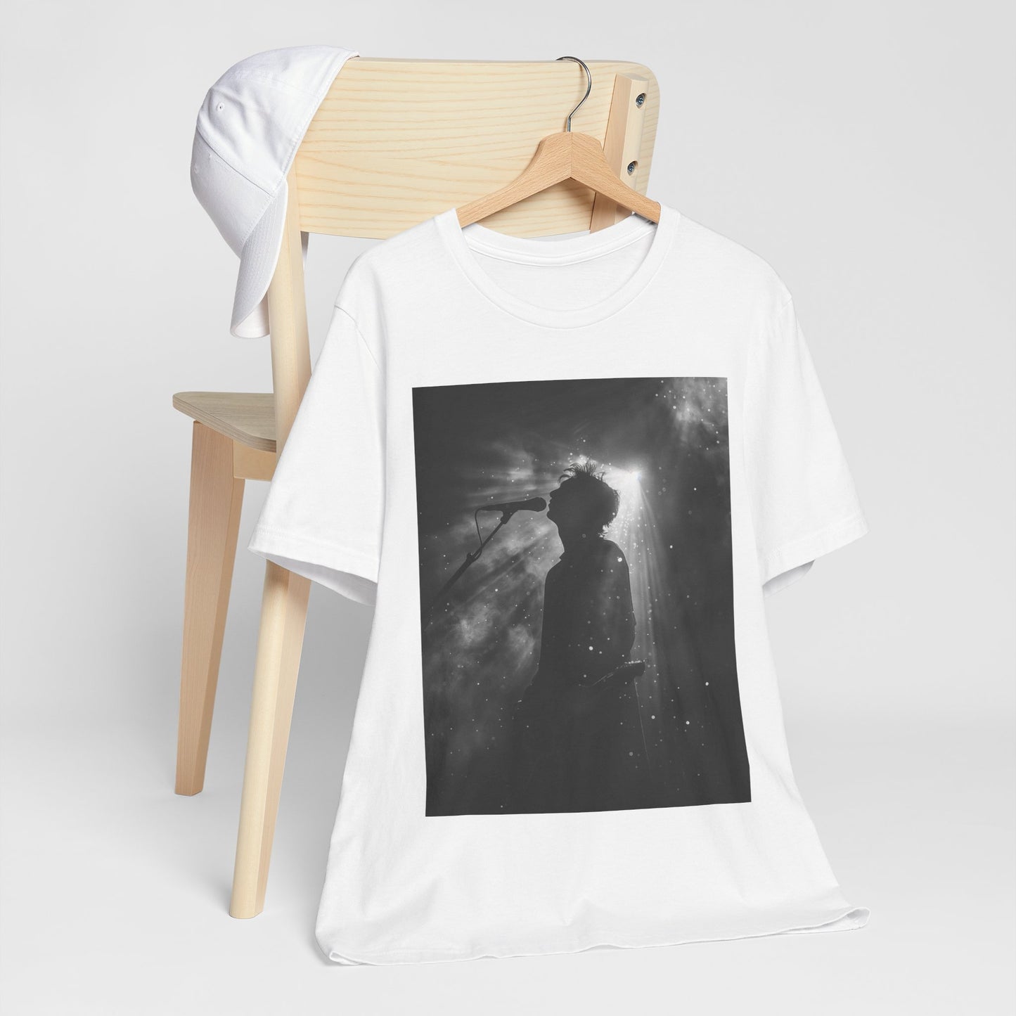 CINTERTIDE Black-and-White Concert Silhouette T-Shirt – Musician in Dramatic Stage Lighting with Ethereal Mist – High-Quality Cotton Tee