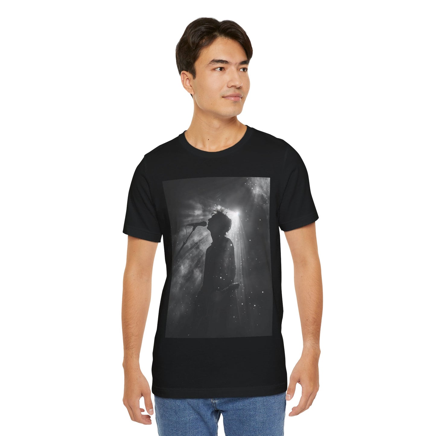 CINTERTIDE Black-and-White Concert Silhouette T-Shirt – Musician in Dramatic Stage Lighting with Ethereal Mist – High-Quality Cotton Tee