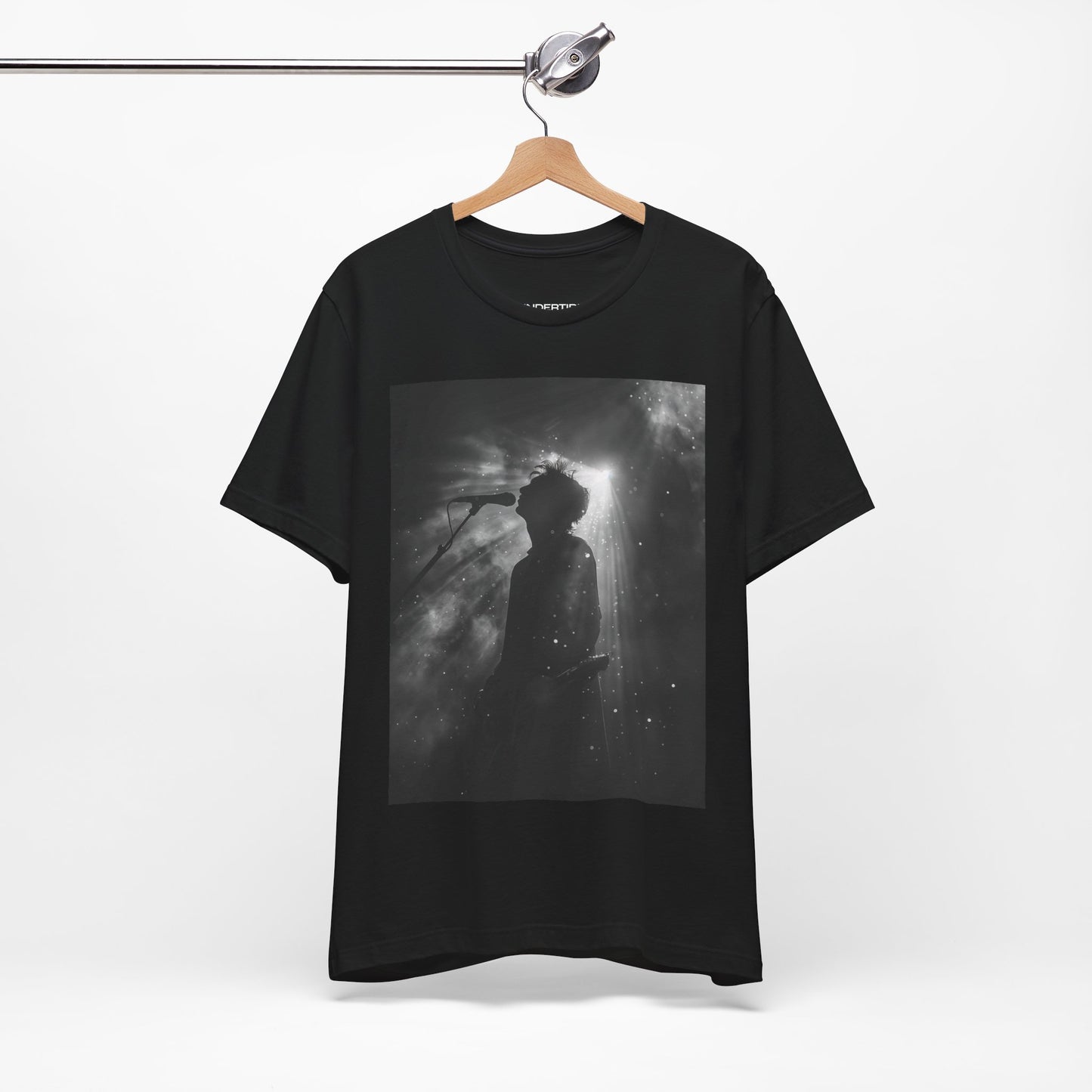 CINTERTIDE Black-and-White Concert Silhouette T-Shirt – Musician in Dramatic Stage Lighting with Ethereal Mist – High-Quality Cotton Tee