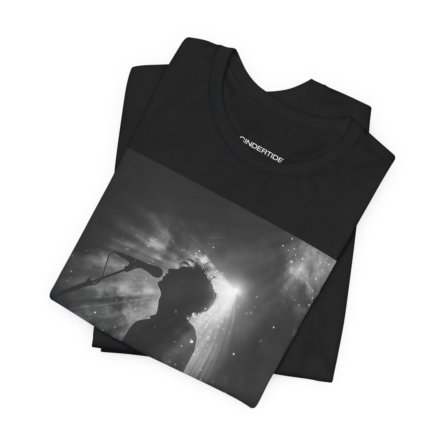 CINTERTIDE Black-and-White Concert Silhouette T-Shirt – Musician in Dramatic Stage Lighting with Ethereal Mist – High-Quality Cotton Tee