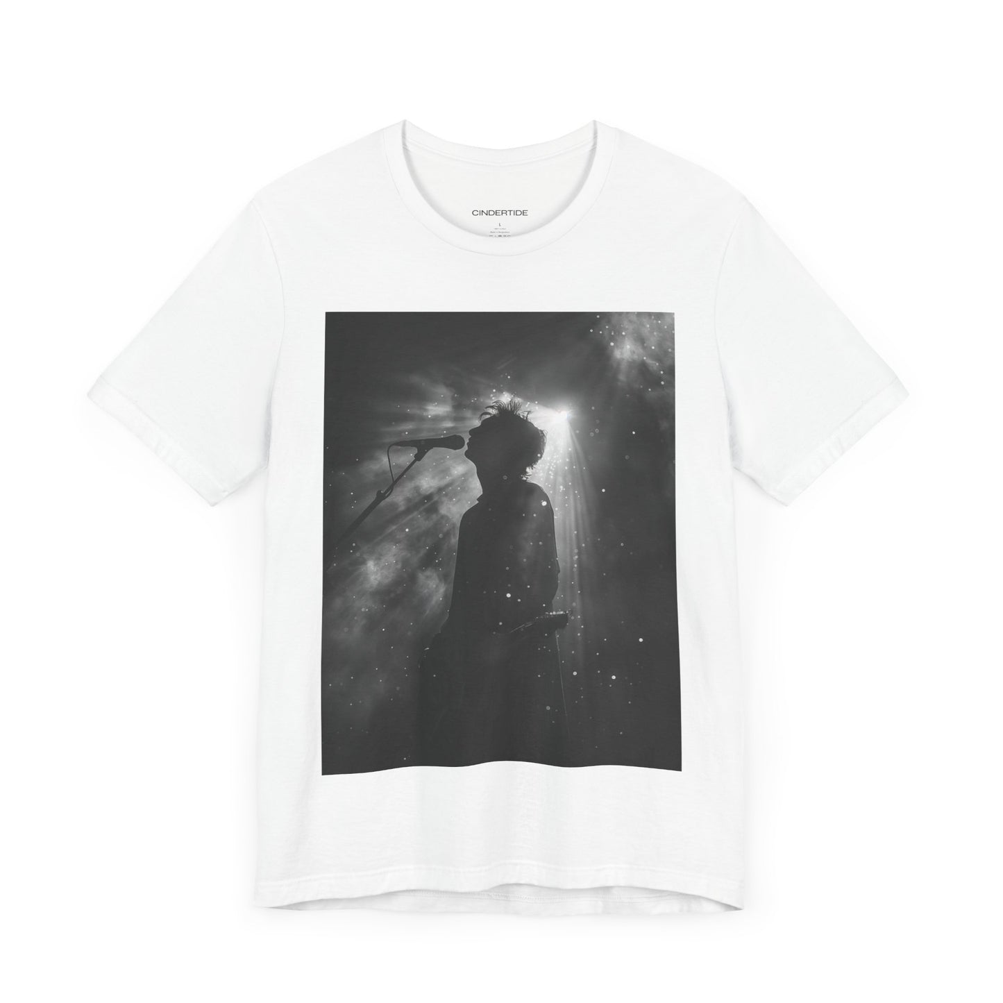 CINTERTIDE Black-and-White Concert Silhouette T-Shirt – Musician in Dramatic Stage Lighting with Ethereal Mist – High-Quality Cotton Tee