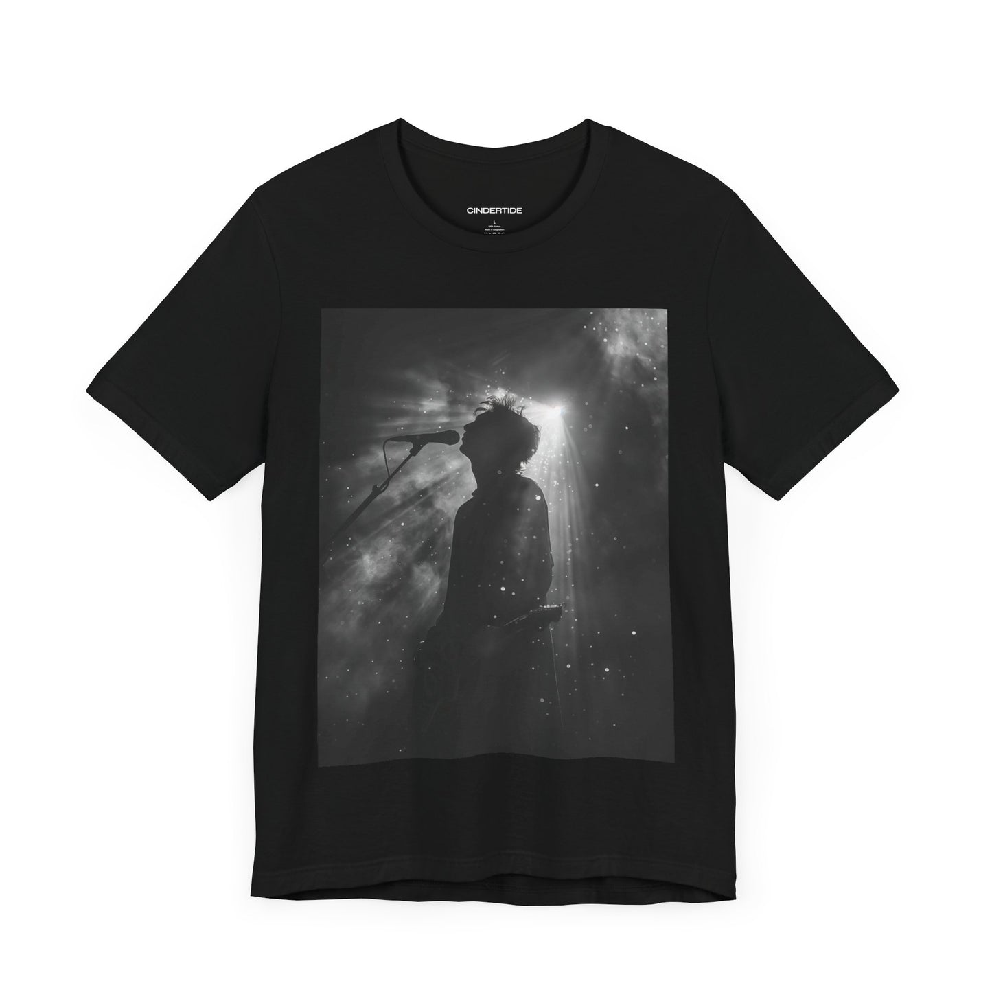 CINTERTIDE Black-and-White Concert Silhouette T-Shirt – Musician in Dramatic Stage Lighting with Ethereal Mist – High-Quality Cotton Tee